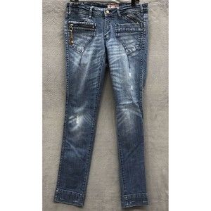 H&M SQIN Womens Denim Jeans Size W30X32 Distressed Zippers Charms Design Pockets